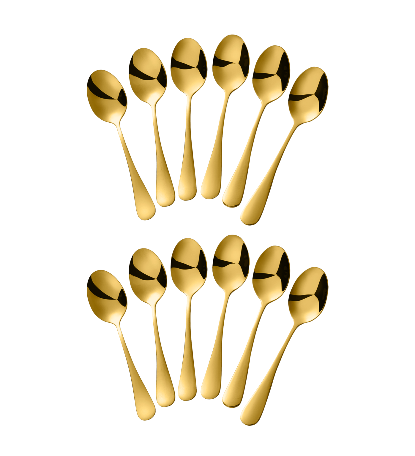 Koffielepels goud set van 12 op witte achtergrond