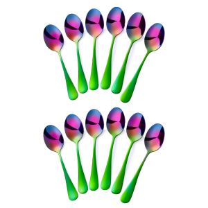 Koffielepels regenboog set van 12 op witte achtergrond